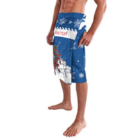 Blue personalized Christmas lavalava with unicorn and snowflake print, side view