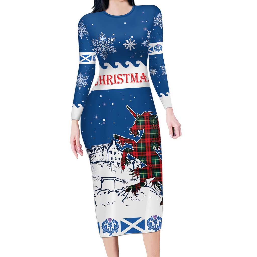 Personalized Scotland Christmas Long Sleeve Bodycon Dress Tartan Unicorn with Edinburgh Castle - Wonder Print Shop