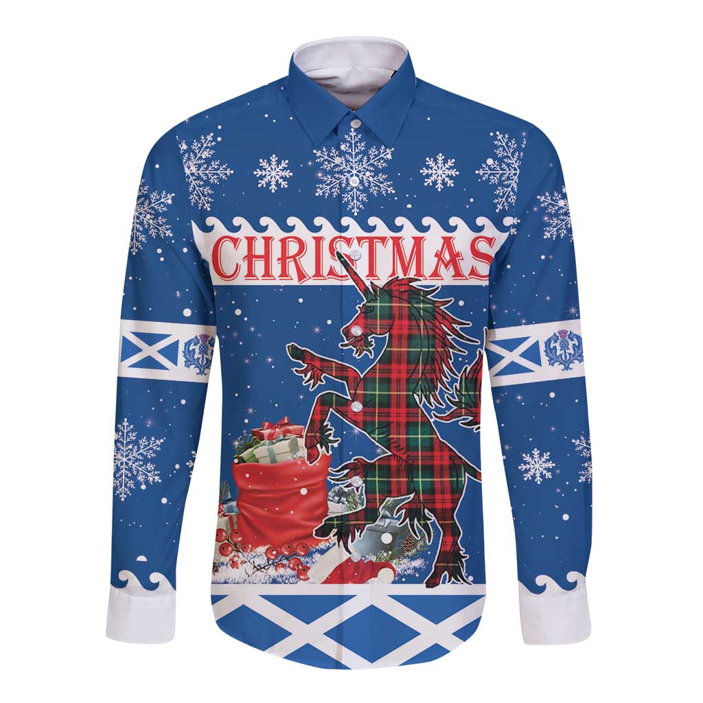 Blue long-sleeve button shirt with Christmas unicorn, castle, and tartan plaid