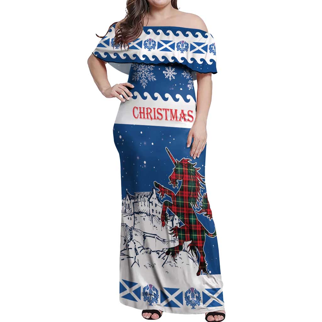 Personalized Scotland Christmas Off Shoulder Maxi Dress Tartan Unicorn with Edinburgh Castle - Wonder Print Shop