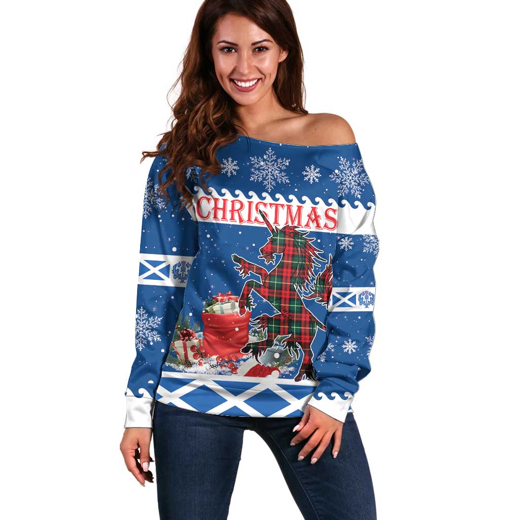 Personalized Scotland Christmas Off Shoulder Sweater Tartan Unicorn with Edinburgh Castle - Wonder Print Shop