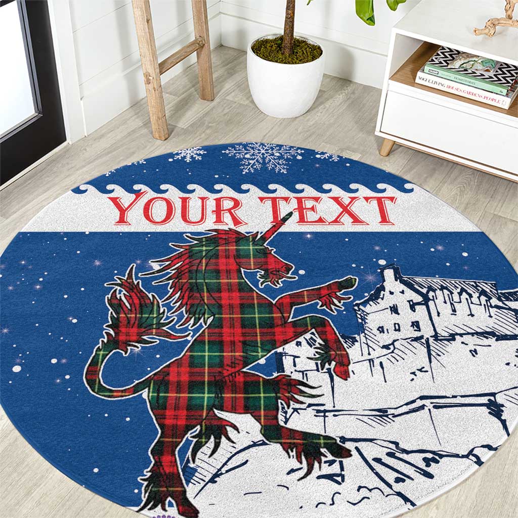 Round blue tartan unicorn Christmas rug with castle illustration and customizable text