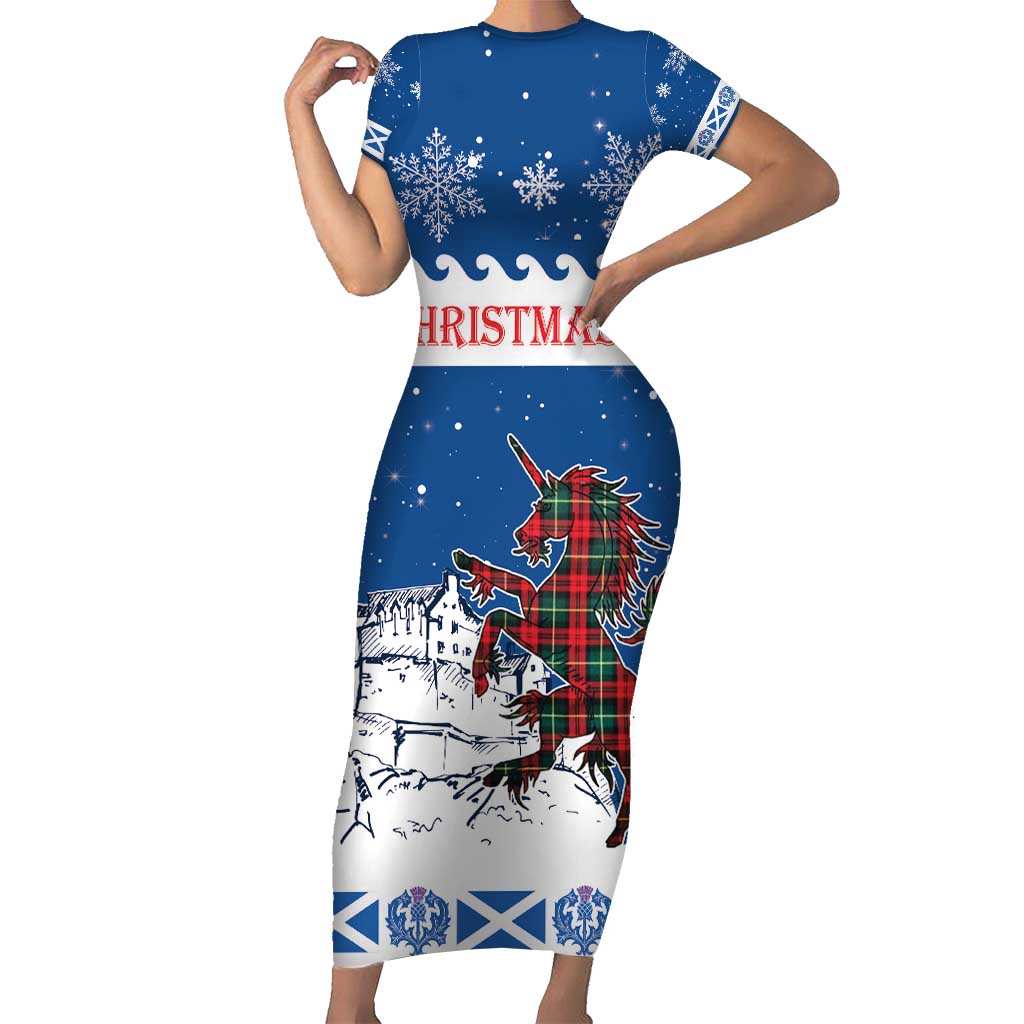 Personalized Scotland Christmas Short Sleeve Bodycon Dress Tartan Unicorn with Edinburgh Castle