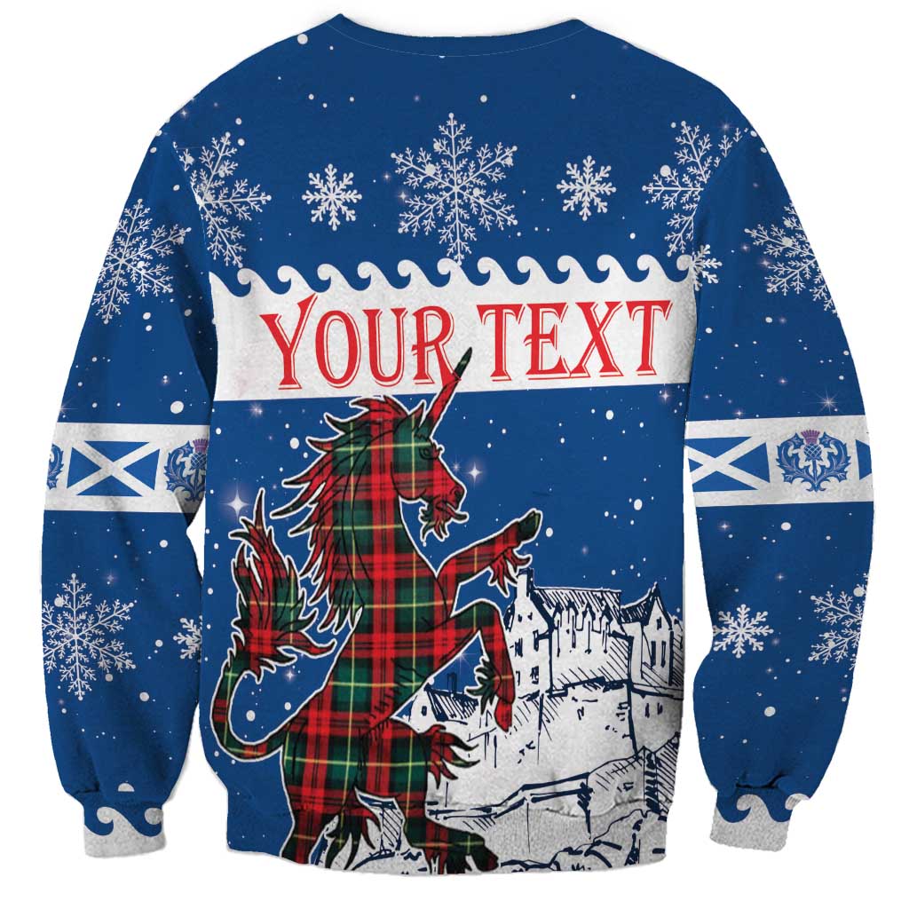 Blue Christmas sweatshirt back with unicorn and castle scene, YOUR TEXT, snowflakes