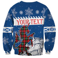 Blue Christmas sweatshirt back with unicorn and castle scene, YOUR TEXT, snowflakes