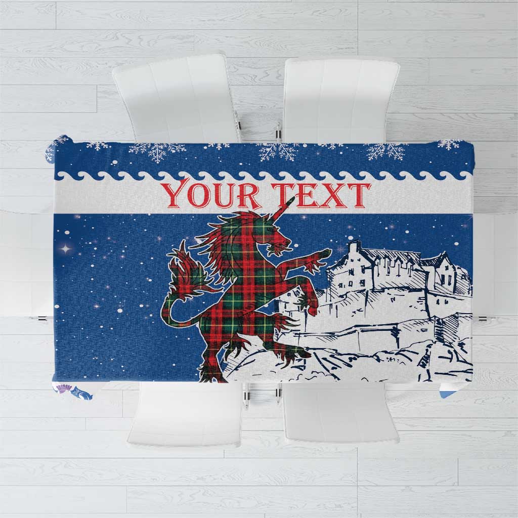 Blue personalized holiday tablecloth with unicorn and snowy castle scene