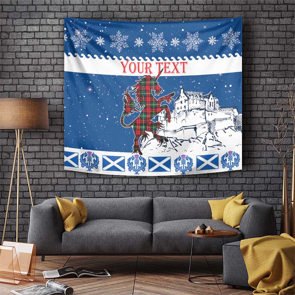 Blue Christmas wall tapestry with unicorn, tartan figure, castle scene and snowflake border