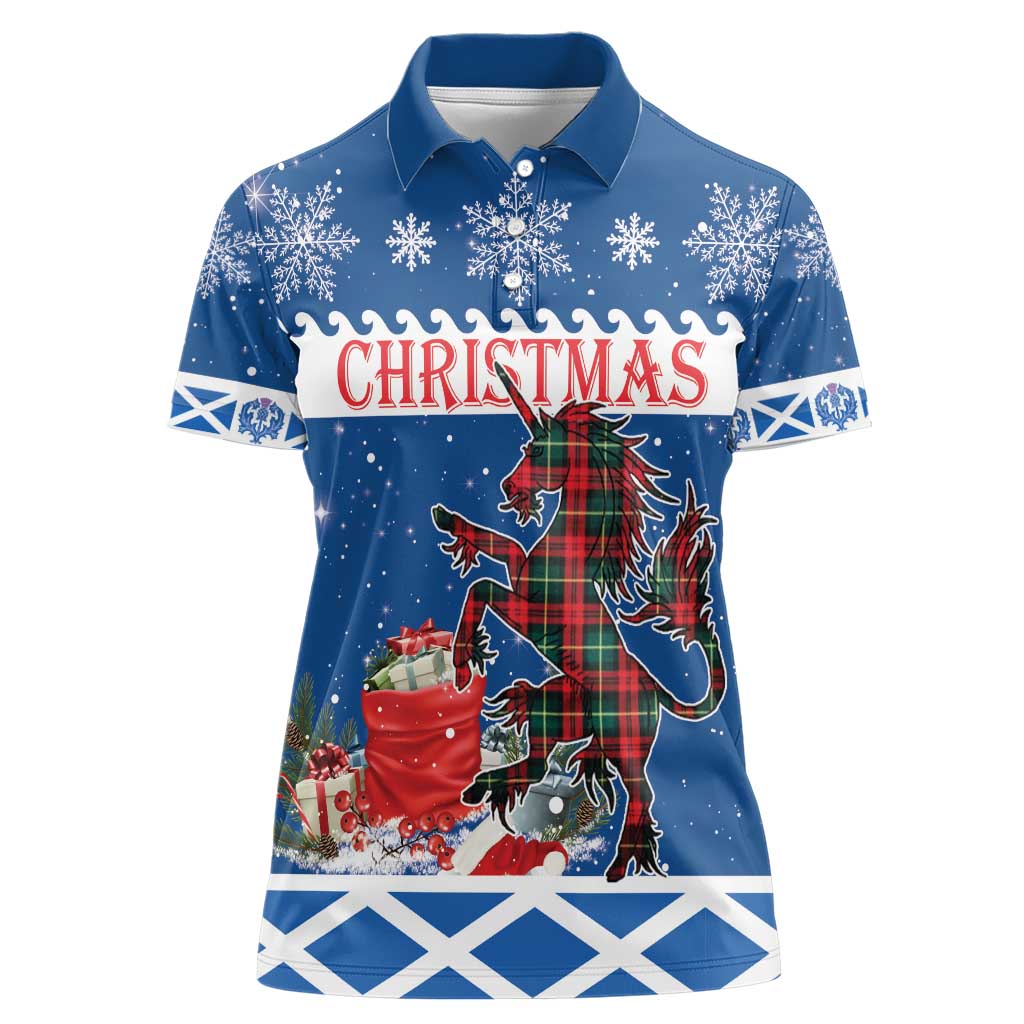 Personalized Scotland Christmas Women Polo Shirt Tartan Unicorn with Edinburgh Castle