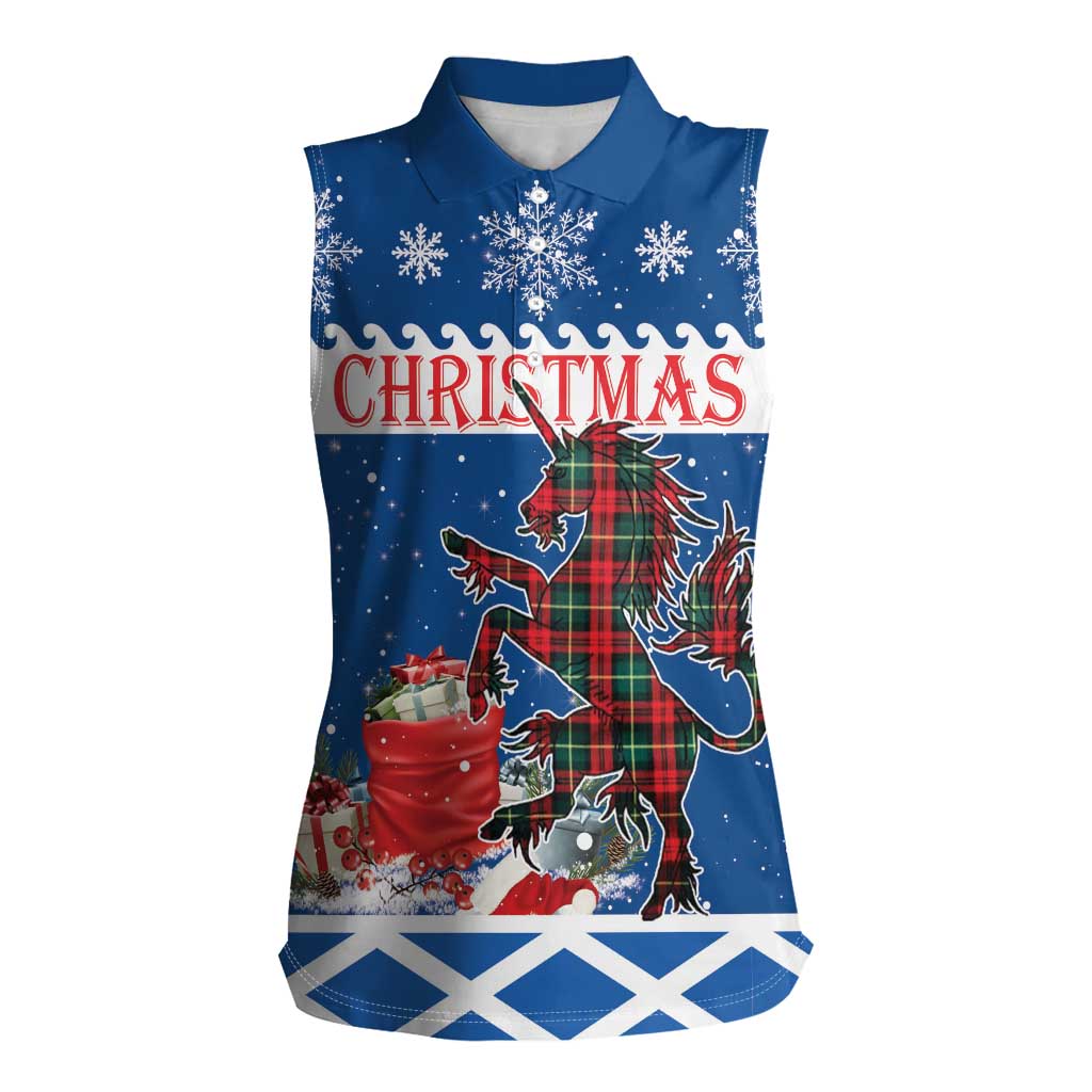 Personalized Scotland Christmas Women Sleeveless Polo Shirt Tartan Unicorn with Edinburgh Castle