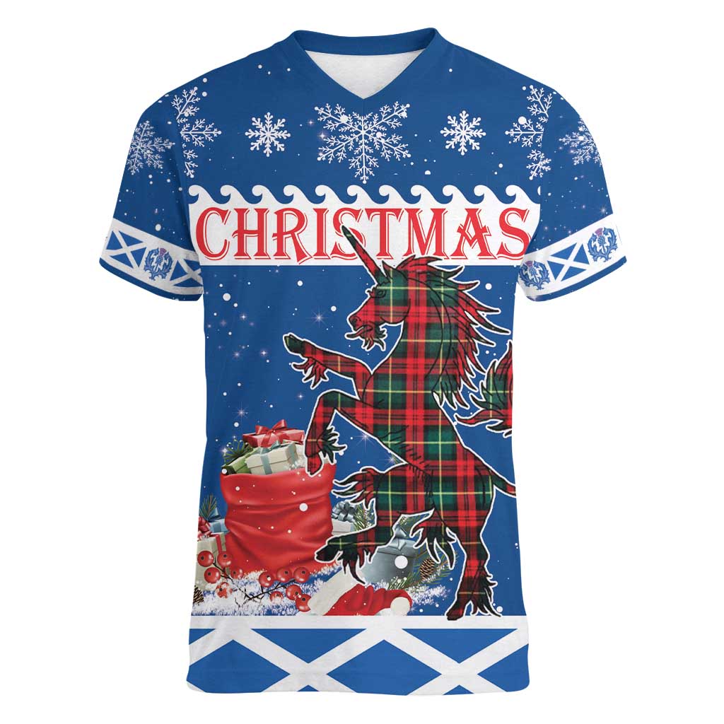 Personalized Scotland Christmas Women V-Neck T-Shirt Tartan Unicorn with Edinburgh Castle