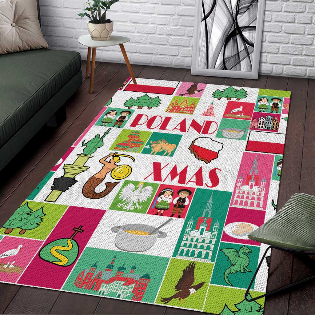 Colorful Christmas area rug with 'POLAND' and 'XMAS' text, building and tree icons