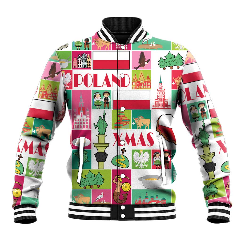 Multicolor Poland XMAS baseball jacket with ribbed collar and striped cuffs, snap front