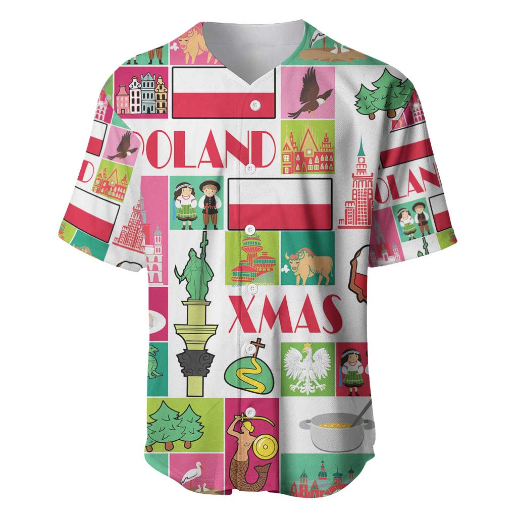 Colorful Polish Christmas baseball jersey with V-neck, short sleeves, button placket