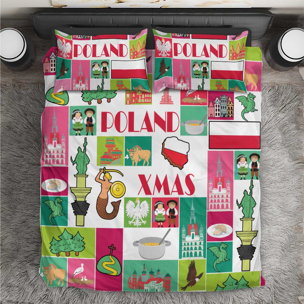 Red, green, and white Christmas bedding set with Poland-themed city and animals