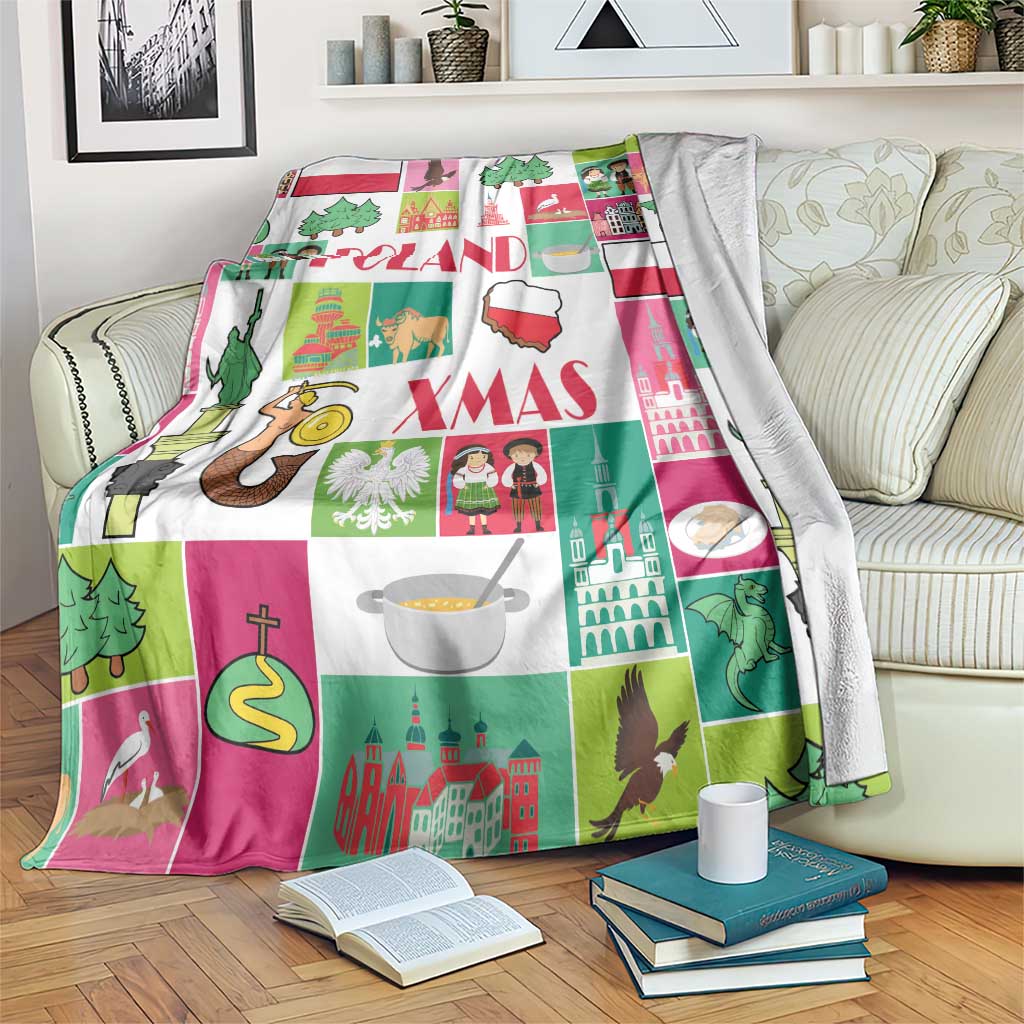 Colorful Poland holiday blanket with “POLAND” and “XMAS” text on red, green, white design
