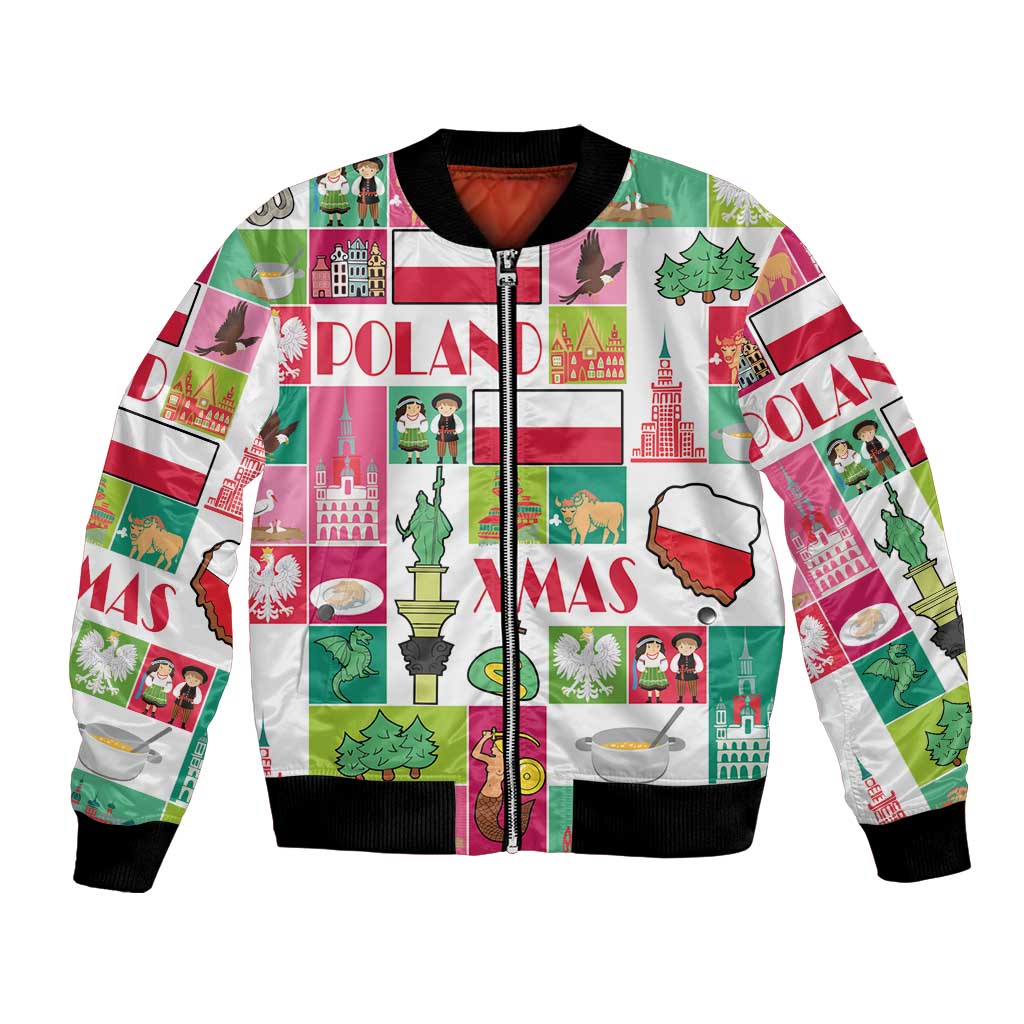 Unisex bomber jacket with colorful Poland and Christmas graphic, front zipper, ribbed black cuffs