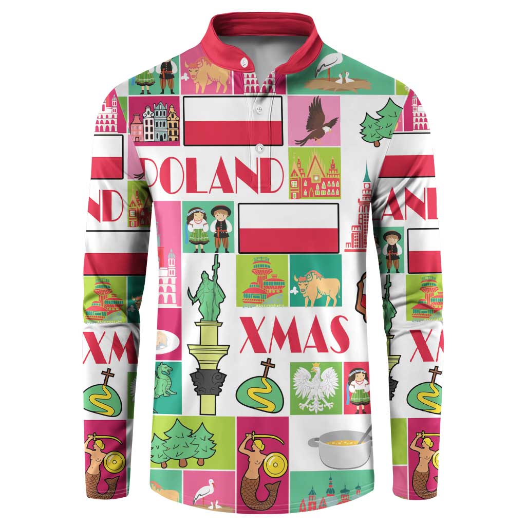 Colorful Poland Christmas graphic button-up sweatshirt, long sleeves, red collar.