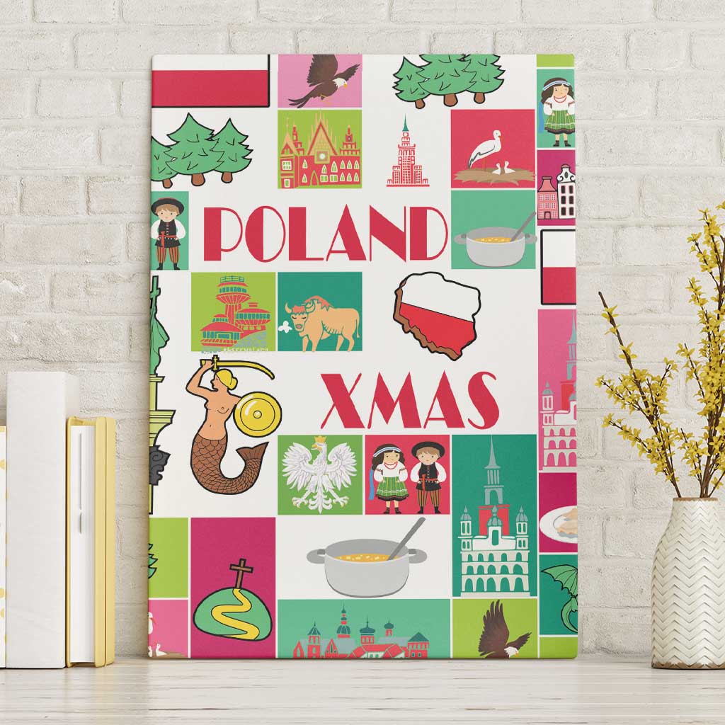 Poland Christmas canvas wall art, “Poland” and “XMAS” in colorful collage