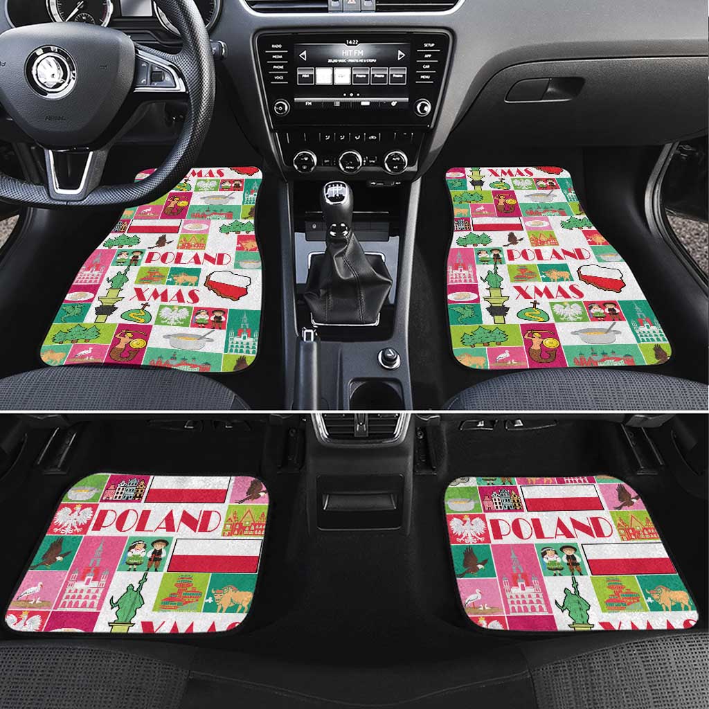 Christmas car mats set with Poland and Xmas print, four colorful mats for front and back