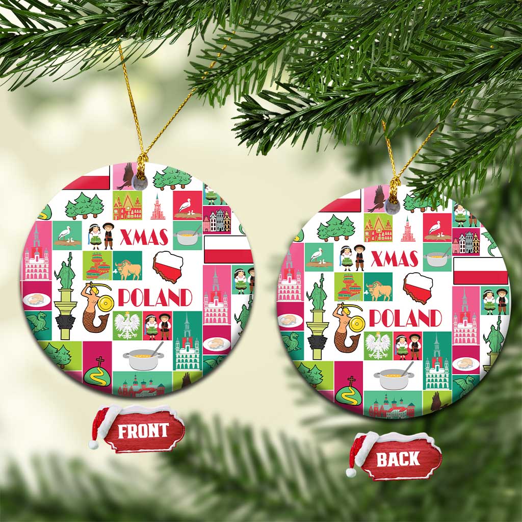 Round ceramic Christmas ornament with Poland collage graphic and gold hanging loop