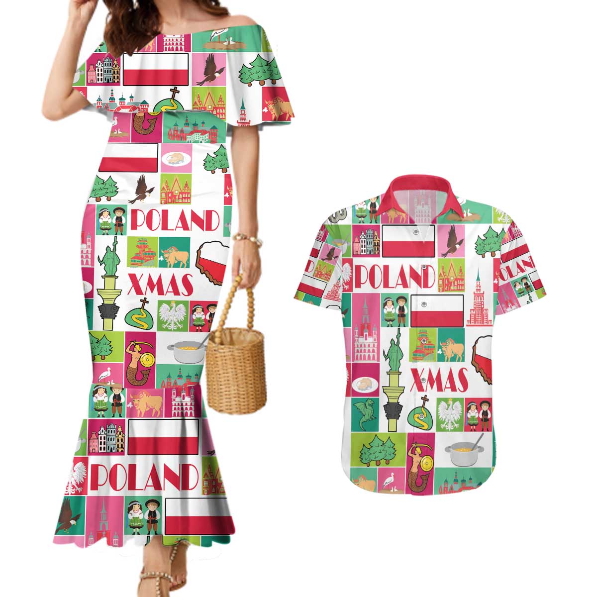 Wesolych Swiat Merry Christmas Polish Couples Matching Mermaid Dress and Hawaiian Shirt Poland Xmas - Wonder Print Shop