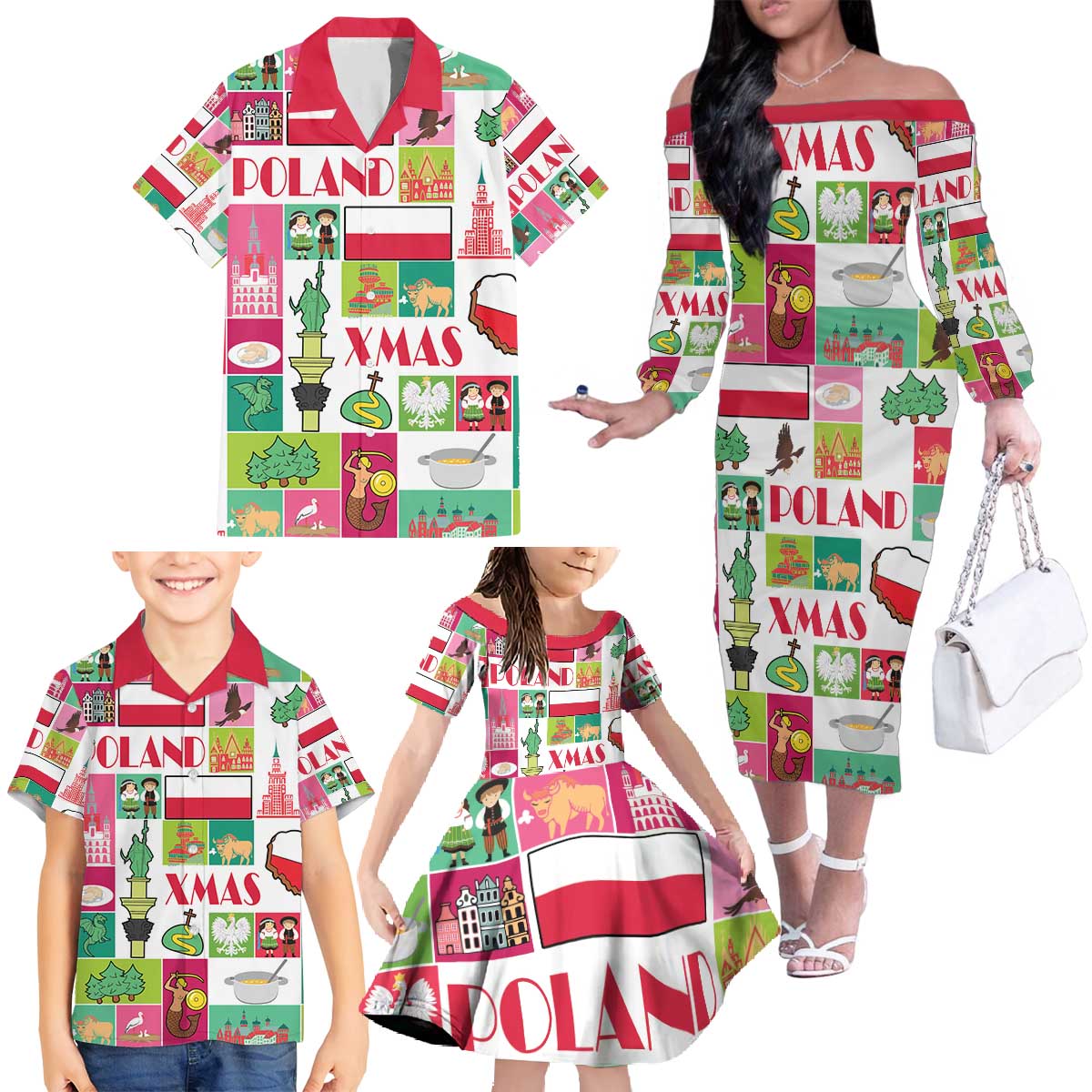 Wesolych Swiat Merry Christmas Polish Family Matching Off The Shoulder Long Sleeve Dress and Hawaiian Shirt Poland Xmas - Wonder Print Shop