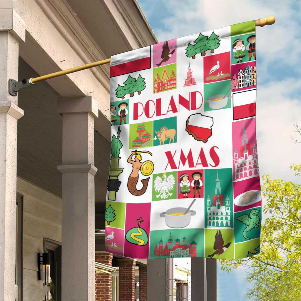 Poland Xmas garden flag with red-white stripes, "POLAND" and "XMAS" icons and map