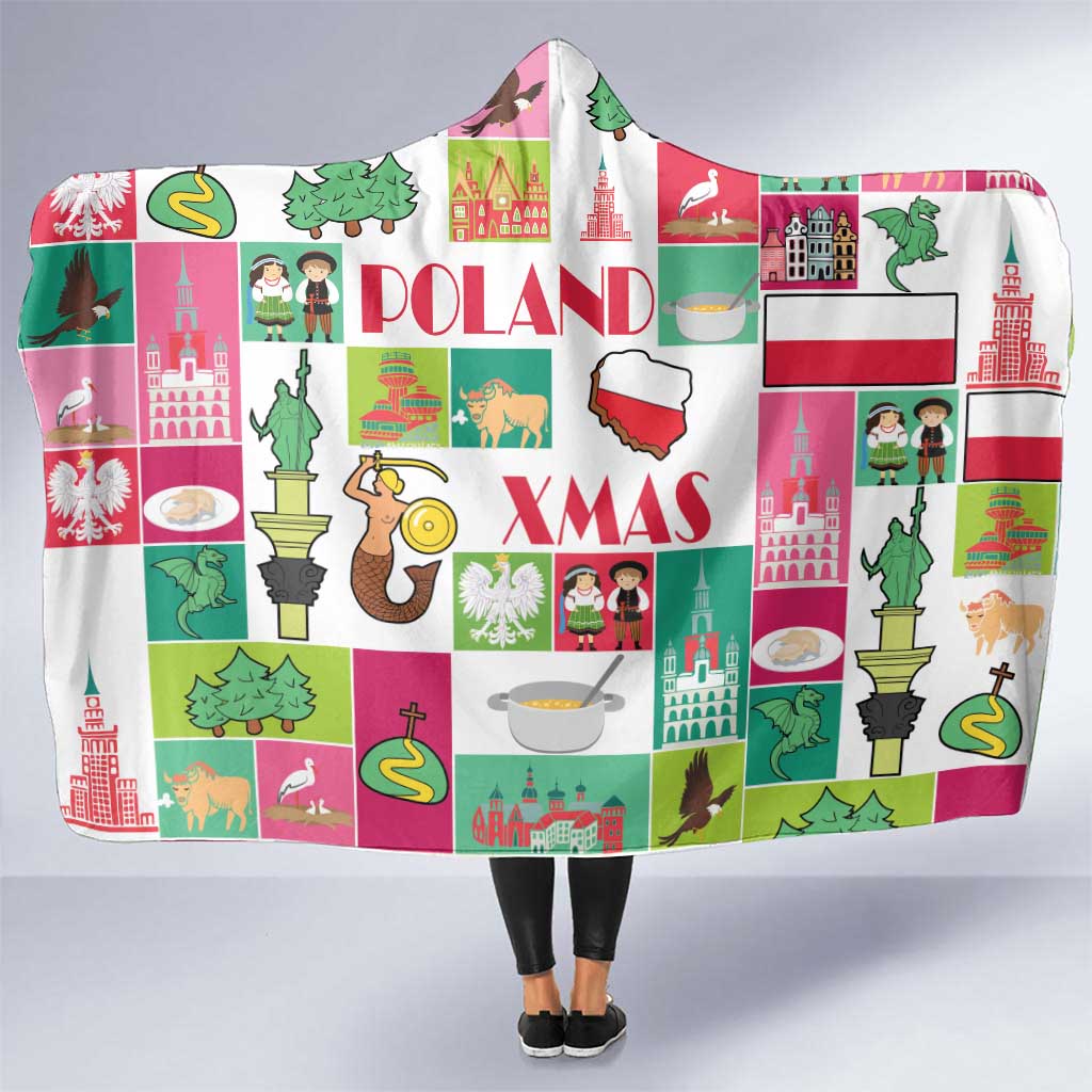 Hooded blanket with colorful Poland and Xmas print, white base with green and red details