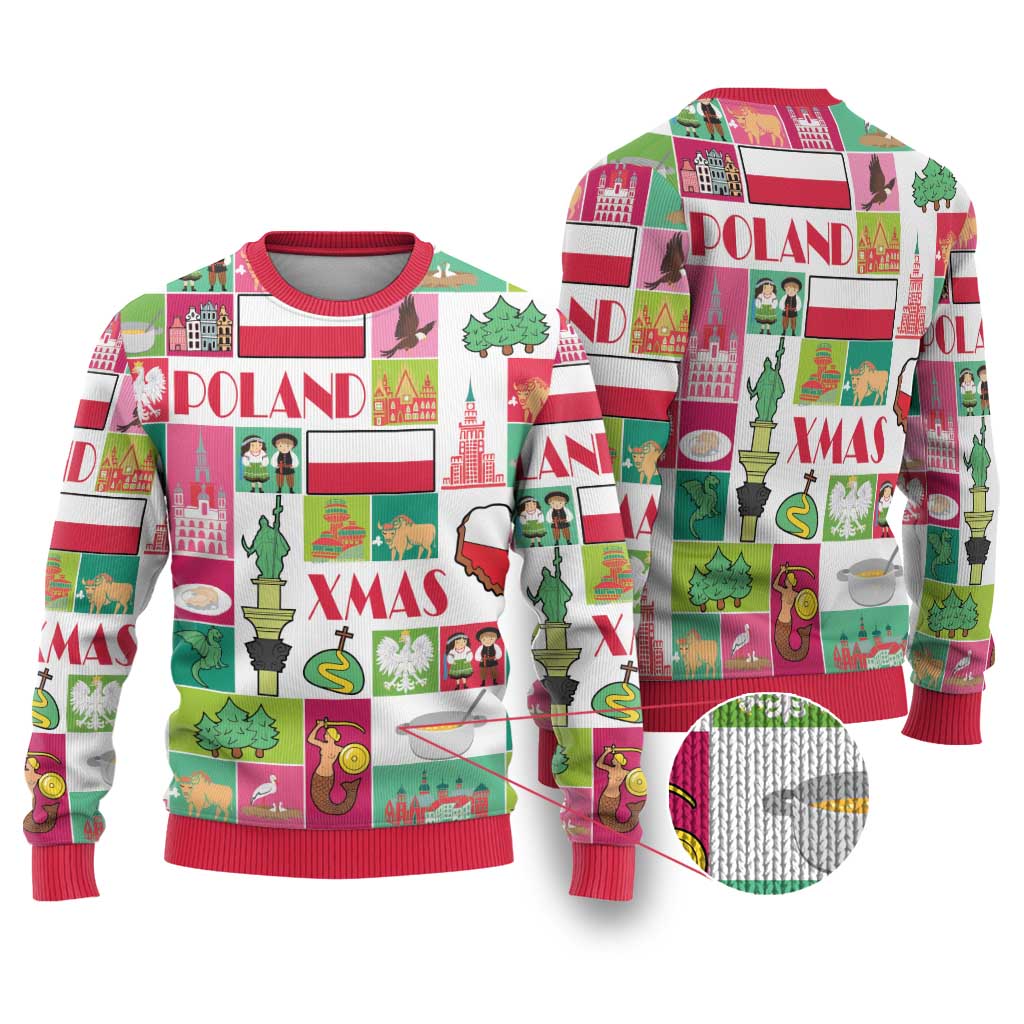 Multicolor crewneck Poland XMAS sweater with red trim, front and back views