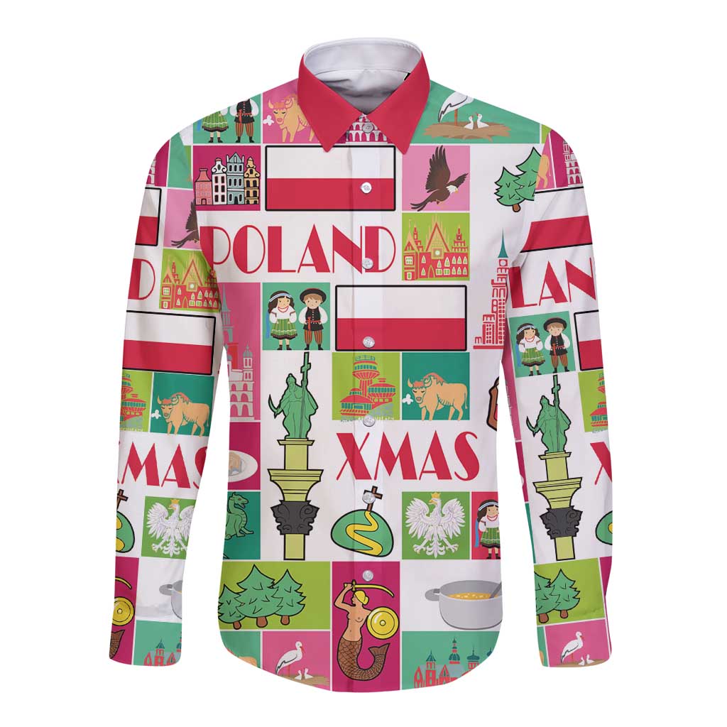 Red long-sleeve button shirt with Poland and Xmas graphic print, unisex fit