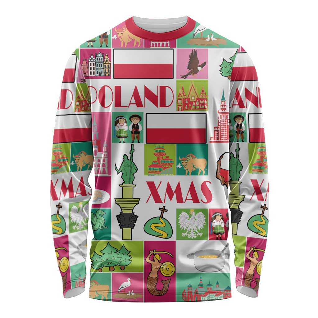 Unisex long-sleeve crewneck shirt with Poland-themed Christmas graphic in red, green, white