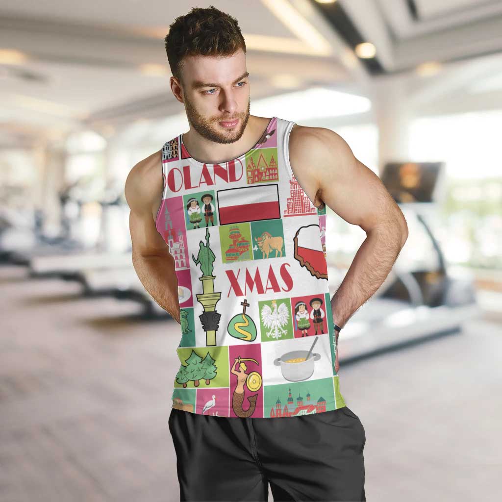 Men's colorful Poland Christmas graphic tank top, sleeveless crew neck