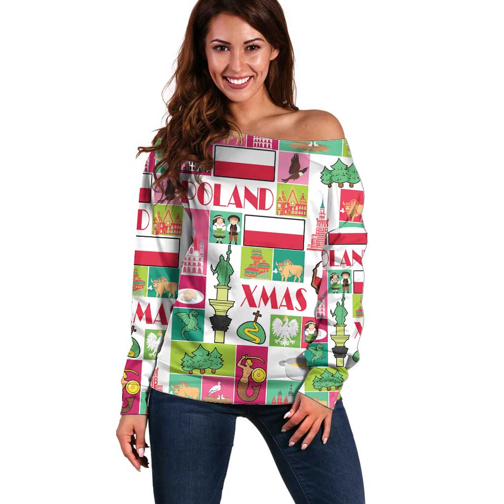 Off-shoulder sweater with colorful Poland and Xmas print, long sleeves