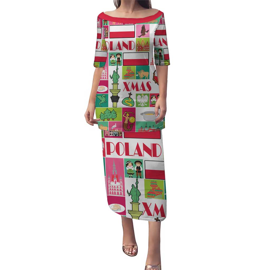 Colorful knee-length dress with short sleeves and Poland Christmas graphic print