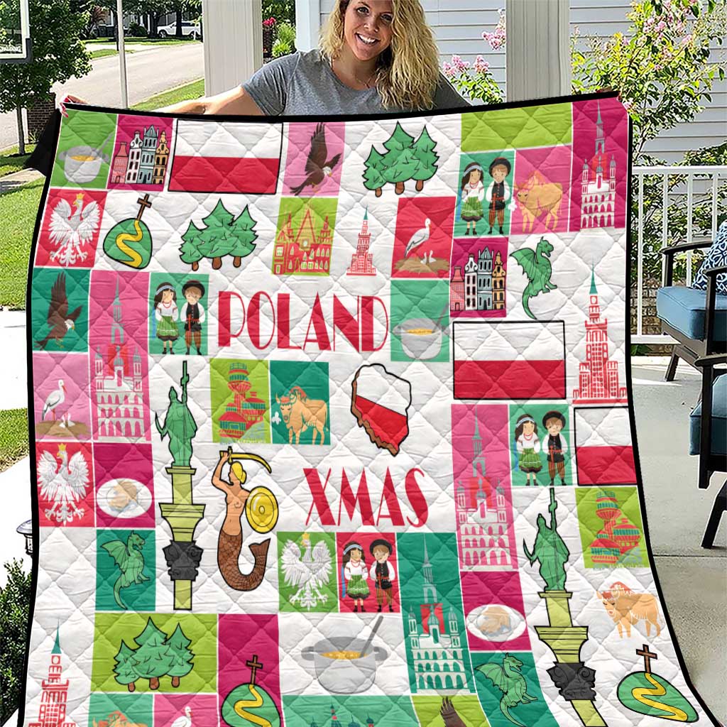 Poland Christmas patchwork quilt with 'POLAND' and 'XMAS' text, red green and white squares.