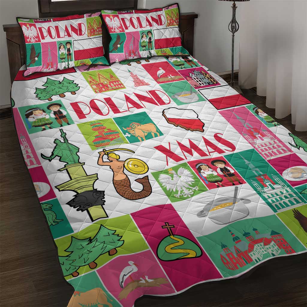 Poland Christmas quilt bed set with multicolor patchwork and decorative pillow covers