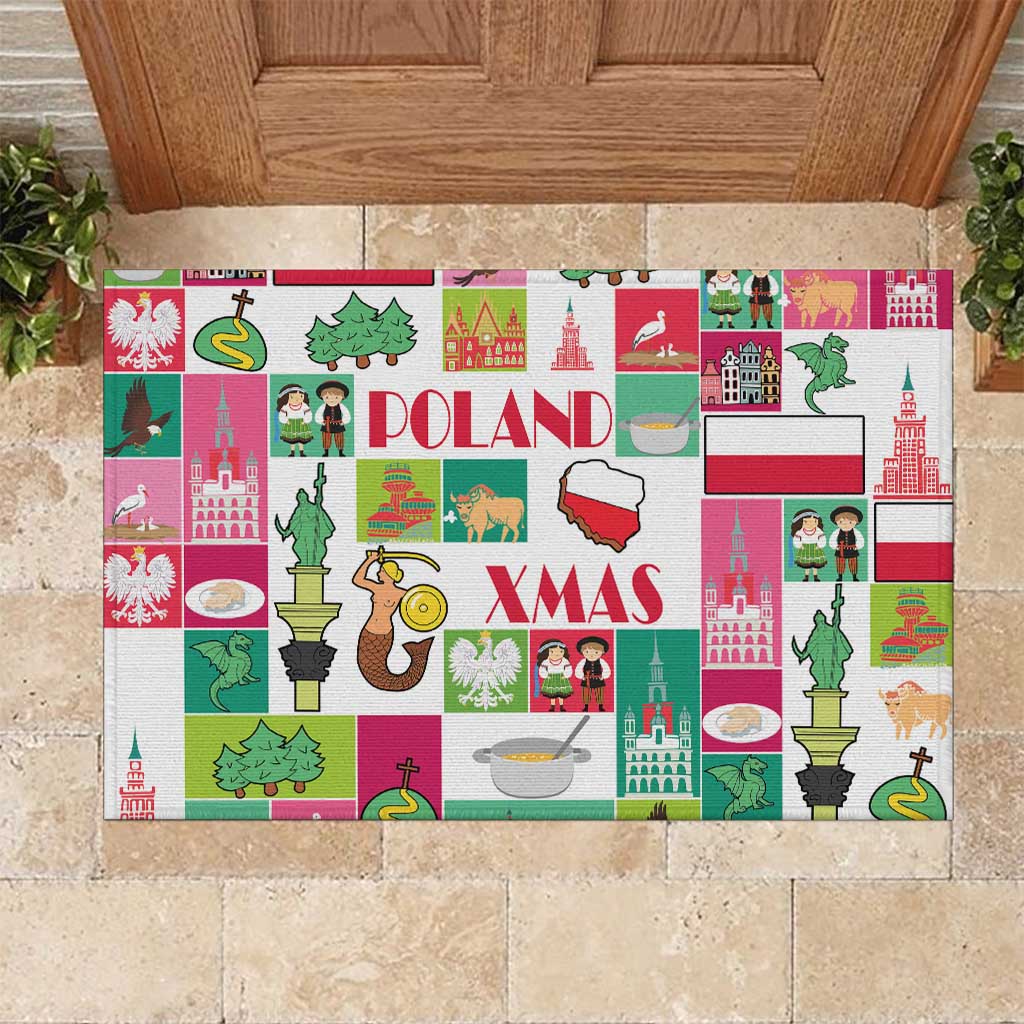 Colorful Poland Christmas rubber doormat with POLAND and XMAS text and holiday icons