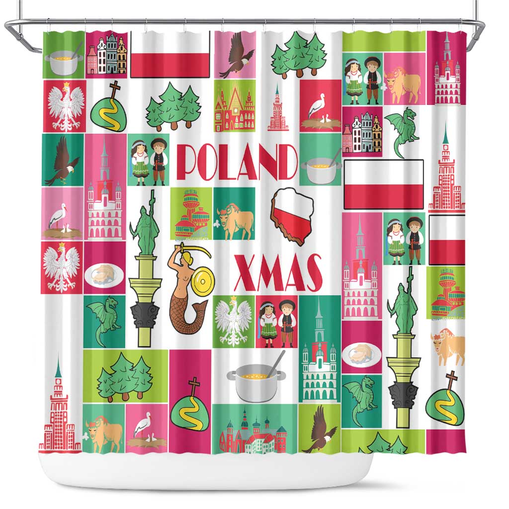 Poland-themed shower curtain with Poland and XMAS text and colorful cityscape icons