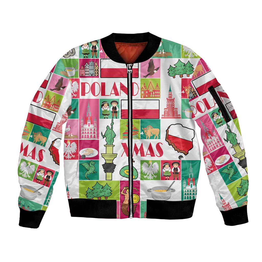 Unisex red bomber jacket with full-zip front and colorful Poland Christmas graphic, black trim