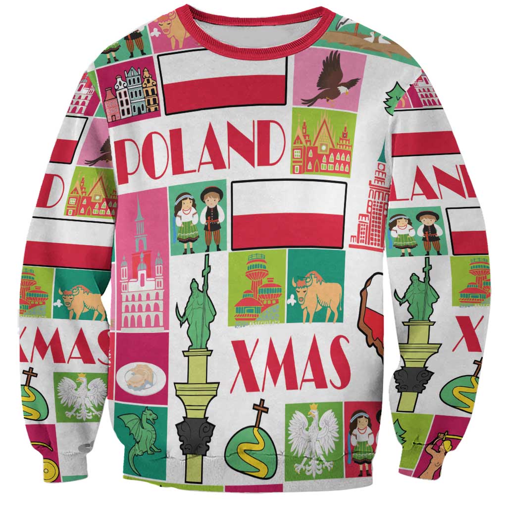Unisex multicolor Christmas sweatshirt with red crew neck and Poland-themed graphics
