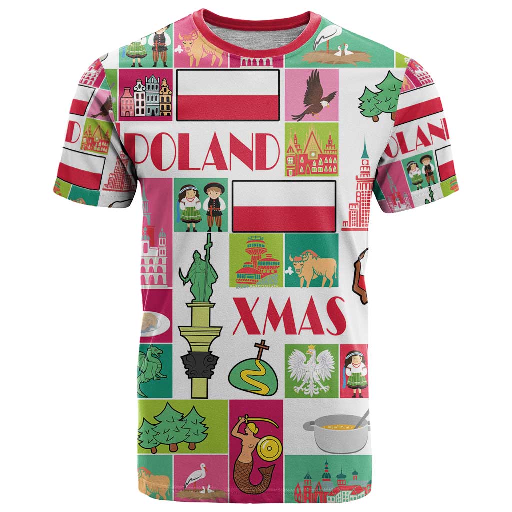 Colorful Poland Christmas T-shirt with POLAND lettering, XMAS print, and illustrated icons