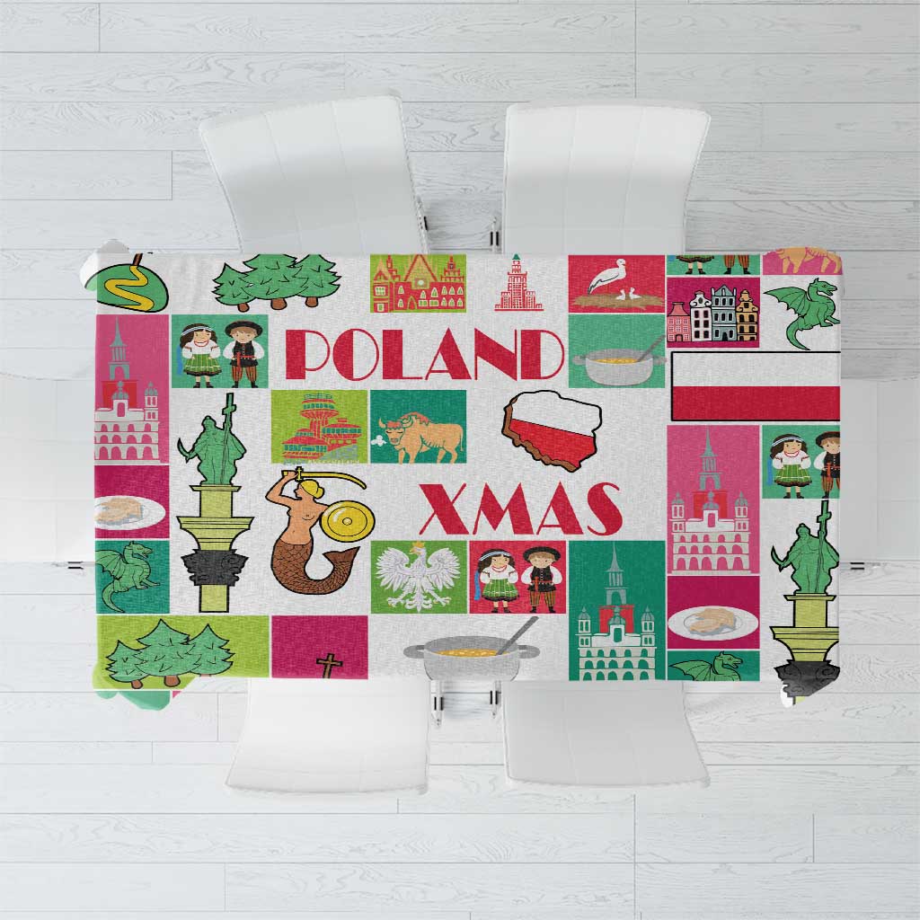 Square tablecloth with Poland-themed Christmas collage print, includes 'POLAND' and Xmas