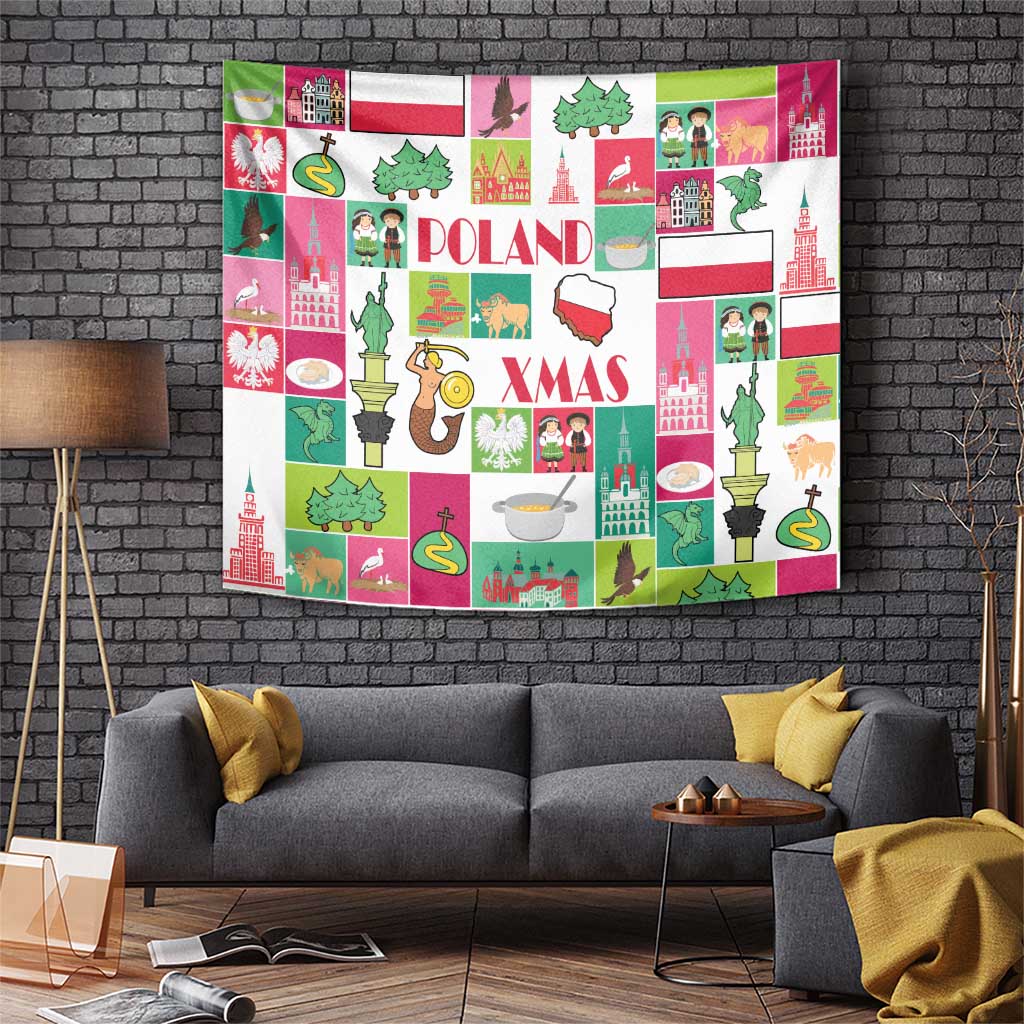Poland Christmas tapestry with Poland and XMAS text, colorful city landmark patchwork