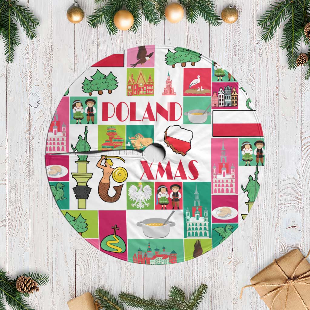 Round Poland-themed Christmas tree skirt with colorful city icons and white fringe trim