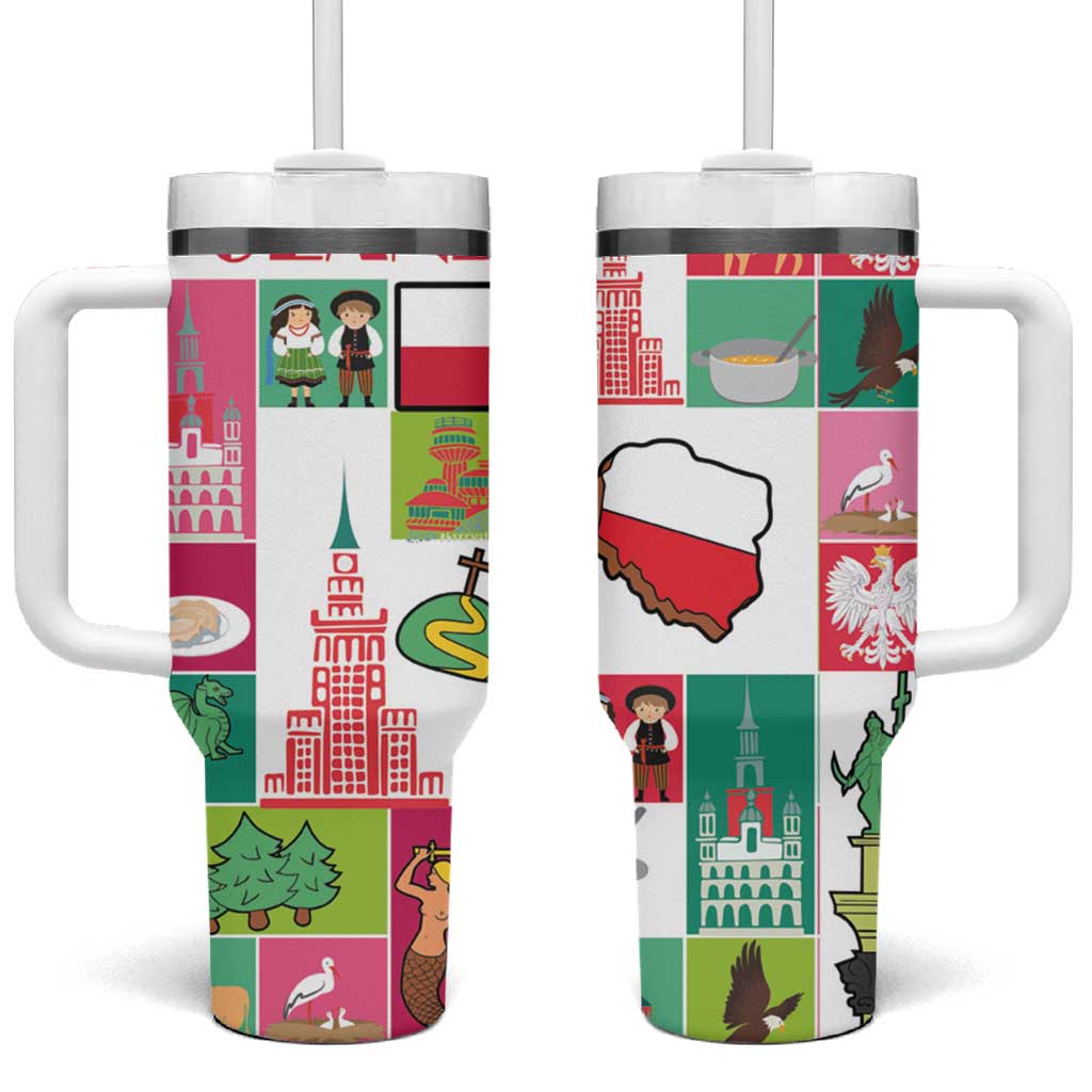 Red-trim tumbler with handle and straw lid, colorful Polish city collage wrap