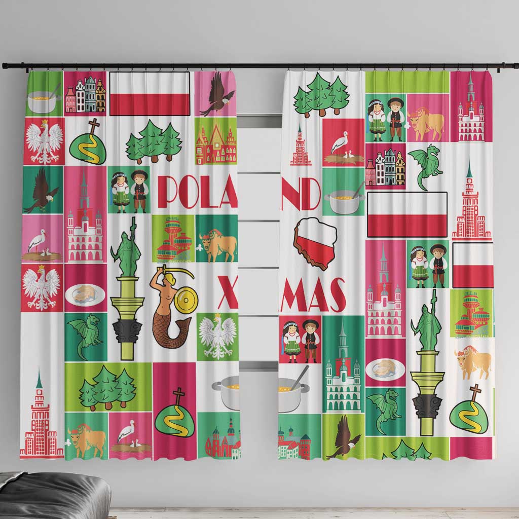 Colorful window curtain panels with Poland holiday city and character print, red and green accents