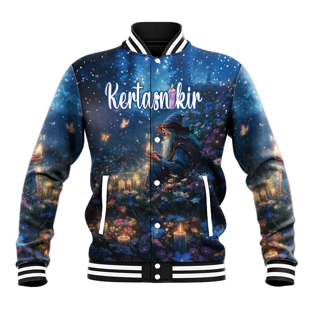 Blue hooded baseball jacket with button front; Kertasnikir night graphic, striped cuffs