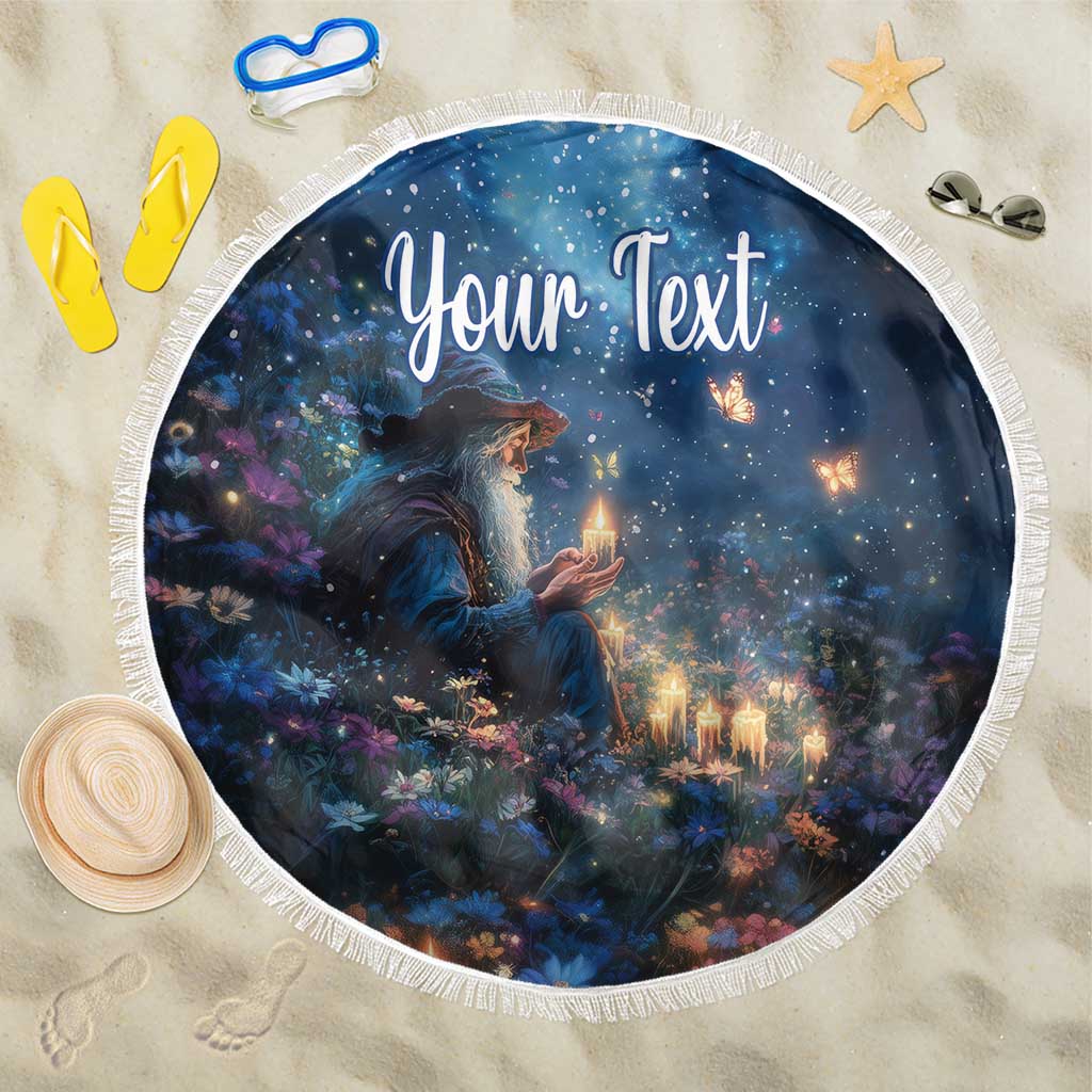Blue round beach blanket with white fringe edge and 'Your Text' on starry scene