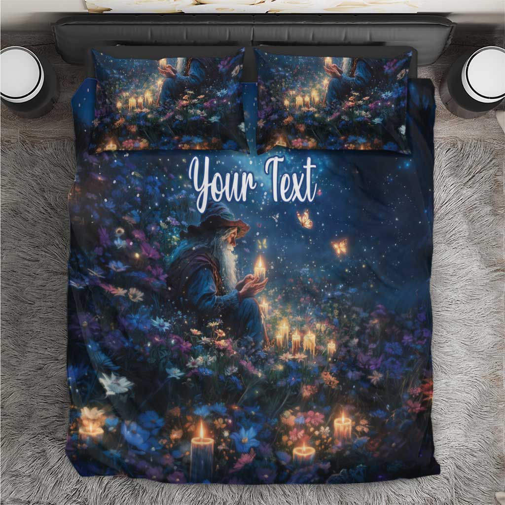 Blue Christmas bedding set: duvet and 2 pillowcases with candles, night forest, 'Your Text'.