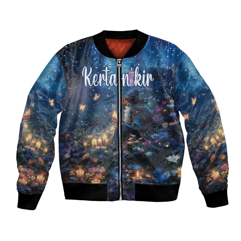 Blue unisex bomber jacket with front zip, custom name graphic, winter night scene